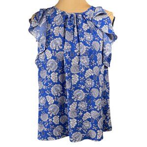 New Vince Camuto Sleeveless Blouse Top Ruffle Size L Large Blue White